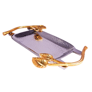 Plateau de service rectangulaire de luxe en acier inoxydable avec poignées en forme de branche dorée et accents en cristal, vente en gros d'usine - Product Image 4