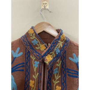 Elegant Embroidered Knitted <b>Velvet</b> Cotton <b>Jacket</b> <b>Women</b> Mandarin Collar Full Sleeve Autumn Floral Pattern Open Front Coat - Product Image 3