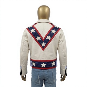 Nabtay Sports Unisex Slim Fit Genuine Leather Bomber <b>Jacket</b> White Blue Red <b>Stars</b> NS Logo Zipper Closure Quick Dry Autumn Wear - Product Image 2