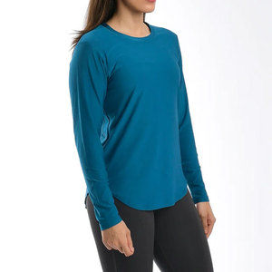 Women's Quick Dry Athletic Loose Fit Active Yoga <b>Long</b> Sleeve Short Fitness Top Curved Hem Design Round Neck Comfortable Shirt - Product Image 4