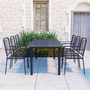 Set da pranzo in vetro nero e acciaio da 7 pezzi per uso giardino - Product Image 1