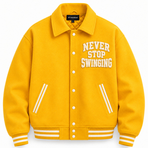 Chaqueta Varsity Amarilla para Hombre, Cuello Camisero, Bordado 'Never Stop Swinging', Estilo Preppy, Ropa de Otoño, Chaquetas Varsity Personalizadas - Product Image 1