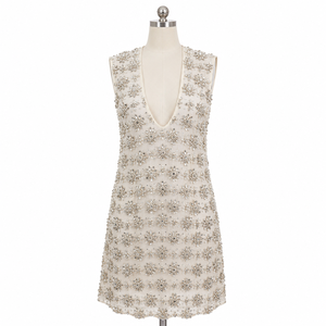 Luxury Champagne Beaded Cocktail Dress for Women | Deep V Neck Sleeveless Mini Party Dress Crystal Embellished Designer Dress - Product Image 1