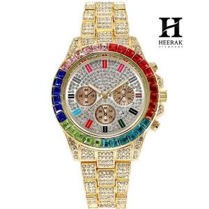 Reloj de Lujo para Hombre con Bisel Arcoíris, Reloj de Pulsera HipHop con Diamantes de Imitación en Oro, Cronógrafo con Piedras de Corte Baguette Coloridas - Product Image 2