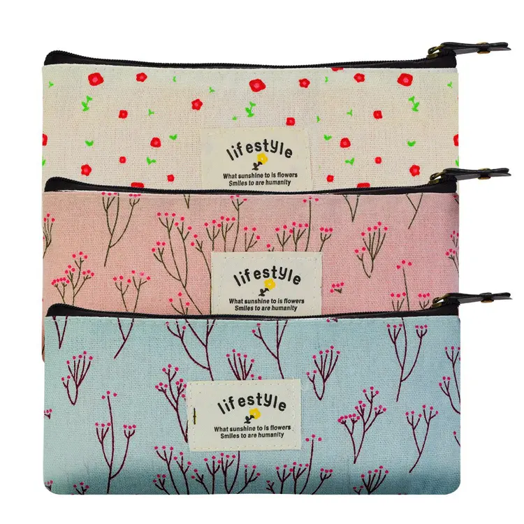 Cosmetic Makeup Bag Cute Floral Canvas Zipper Pencil Pen Cases Travel Pouches Small Bag Pencil Case for Girls