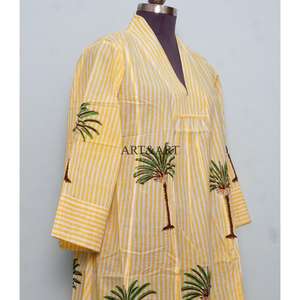 Robe midi ample pour femme, légère, écologique, en coton respirant et lavable, imprimé palmiers, élégante, col en V, manches 3/4 - Product Image 5