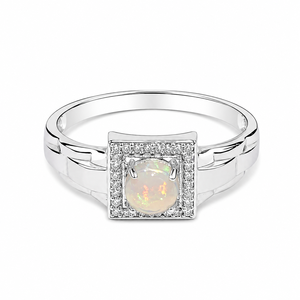 Natural Stone <b>Opal</b> and Diamond Luxury <b>Ring</b> in 925 Sterling <b>Silver</b> Rhodium Plated with Prong Setting - Product Image 2