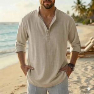 Camisa Henley de Lino de Alta Calidad para Hombre, Estilo Casual de Playa para Verano, Manga Larga - Product Image 4
