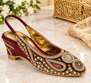 Burgundy Pearl Beaded Pointed Toe Solid Heeled Sandals Women Wedge <b>Slip</b> on Dress <b>Shoes</b> Festival Wedding Stage Wear - Product Image 4