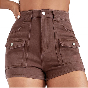 High Waist <b>Skinny</b> Fit <b>Cargo</b> Shorts Women Breathable Knitted Elastic Waist Casual Style Brown Short <b>Pants</b> - Product Image 1