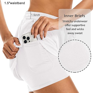White High Waisted Women Gym Shorts 2 in 1 Polyester Double Layer Workout Shorts with <b>Drawstring</b> Running Gear - Product Image 3
