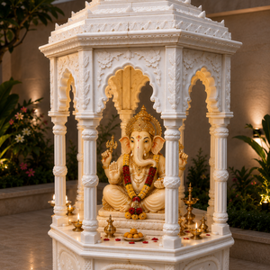 Premium Hand Carved White Marble <b>Mandir</b> Home Temple Traditional Pooja Mandap Intricate Floral Handicraft Asian Zen Design - Product Image 3