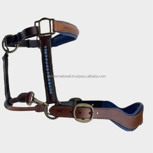 Heavy Duty Fancy design anatomique doux rembourré marron ou beige licou de cheval en cuir véritable décoré de cristaux bleus bling - Product Image 3
