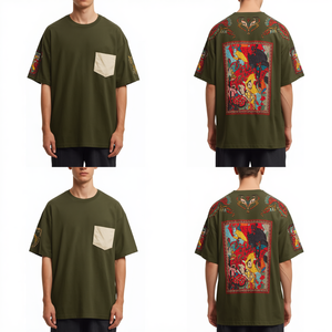 Camiseta Premium Extra Grande para Hombre con Hombros Caídos, Estampado Artístico de Mosaico Forestal, Diseño Urbano en Algodón Grueso - Product Image 3