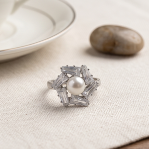 DIVYORO Women's Ethnic Oxidized <b>Silver</b> Plated Pearl Halo <b>Ring</b> - Product Image 2