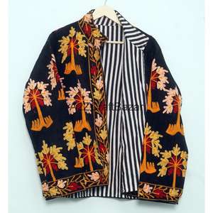 Chaqueta Acolchada Ecológica con Bordado Floral, Cuello Mandarín, Botones, Forro de Algodón a Rayas, Hecha a Mano, para Invierno, Otoño y Primavera - Product Image 6