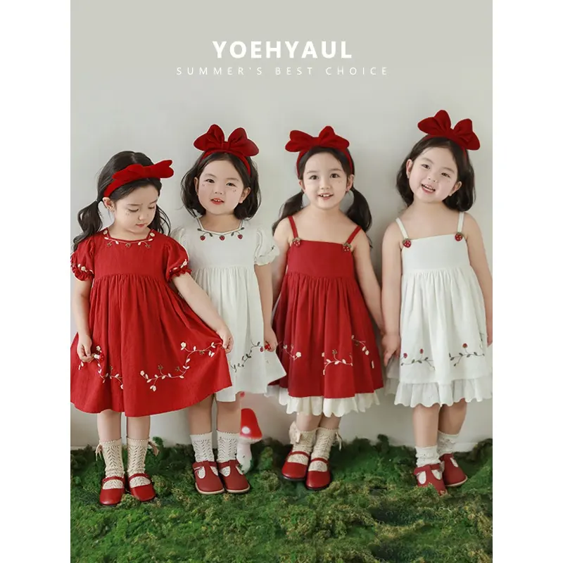 YOEHYAUL KEINE MOQ Stickerei rote Baumwolle Baby-Mädchen-Kleid Kinderband / Kurze Ärmel Sommer Großhandel Kinder Mädchen modekleid