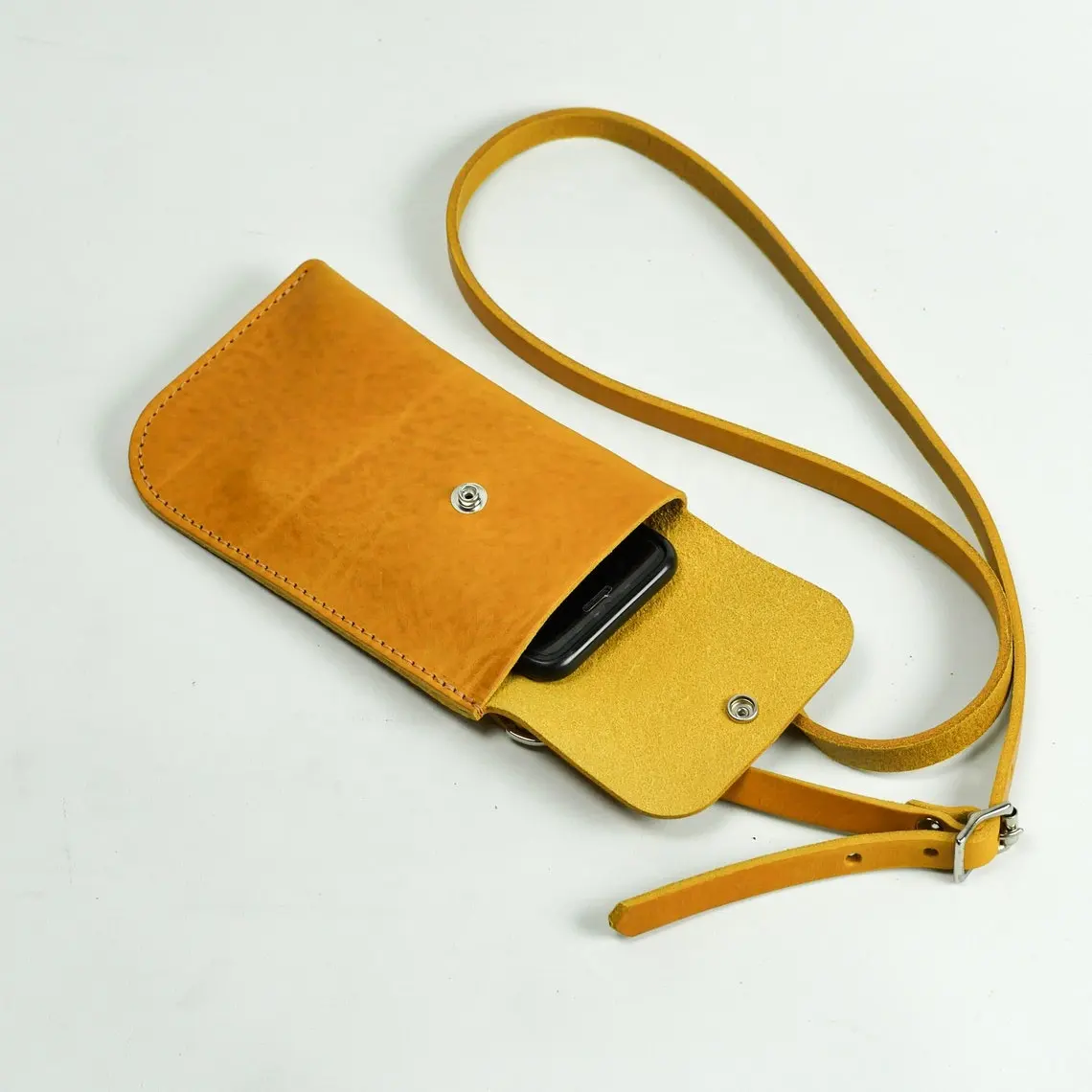 Genuine Leather Yellow Leather Phone Holder With Card Slot Handmade Crossbody Iphone Case Cell Phone Bag