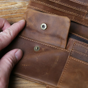 Portefeuille long en cuir véritable fait main, style vintage, fermeture à boucle, unisexe, usage quotidien, couleur marron - Product Image 3