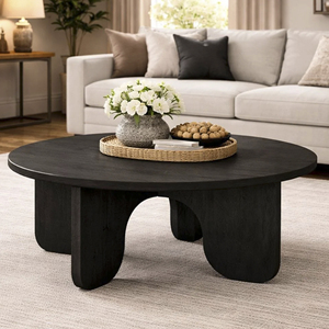 Solid Mango Wood <b>Round</b> Top With Unique Sculptural Base In Three Wide Flat Paddle Shaped Legs <b>Black</b> Matt Finish Home <b>Coffee</b> <b>Table</b> - Product Image 4
