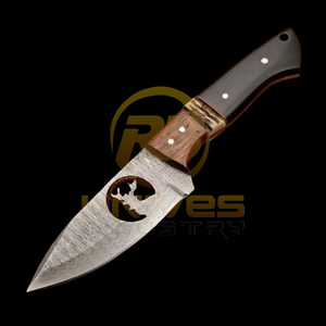 มีดทำมือเหล็กดามัสกัส ใบมีดคงที่ สำหรับตั้งแคมป์ ล่าสัตว์ ปอกหนัง ด้ามทำจากเขาควายและเขาสัตว์ พร้อมปลอกหนัง - Product Image 3