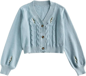 Cardigan blanc en tricot pour femme, col en V, manches longues, broderie florale, style vintage, haut d'automne - Product Image 4