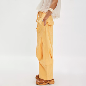 Hot Sale Women's Mid Waist Loose Cargo <b>Pants</b> Solid Yellow Elastic Waist Full Length Cotton Autumn Barrel Wide Leg Sweatpants - Product Image 3