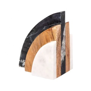 Ensemble de 3 serre-livres décoratifs modernes pour bureau et bibliothèque, en marbre blanc naturel semi-circulaire avec incrustation de bois et support métallique pour bureau et étude - Product Image 1