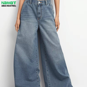 กางเกงยีนส์เอวสูงทรงขากว้างสีน้ำเงินสำหรับผู้หญิง ทรงโอเวอร์ไซส์หลวมสบายพร้อมกระเป๋าแบบคลาสสิก - Product Image 1
