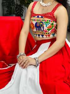 Designer Gamthi Work And Bandhani Print With Gota Patti Rayon Cotton Navratri <b>Lehenga</b> Choli Fully Stitched Ready To Wear Set - Product Image 3