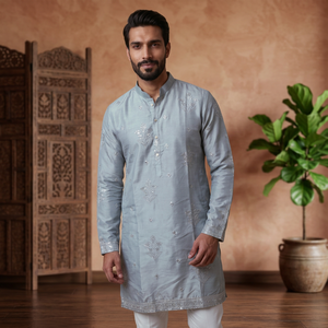 Ensemble Kurta Pajama brodé pour homme, coupe classique, style traditionnel indien pakistanais, pour un usage décontracté - Product Image 3