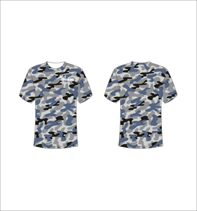 Camiseta Deportiva Ligera de Manga Corta Sublimada Personalizada con Patrón de Camuflaje Gris, Azul y Negro del Fabricante - Product Image 1