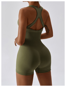 Mono de yoga sin mangas verde oliva de cintura alta para mujer, control de abdomen, moldeador, de punto, elastano, nailon, color liso - Product Image 3