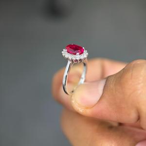 Bague Halo en Or 14K avec Diamant de Laboratoire Taille Ovale et Pierre Précieuse Rubis pour Femme, Bijoux Fins, Bagues de Doigt - Product Image 2
