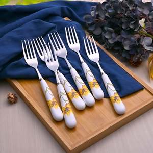 Ceramic & Steel Sunray Floral <b>Forks</b> Set of 6-for Fruit Dessert Home & Restaurant Tableware for Back to School - Product Image 1