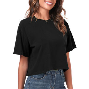 Camiseta Corta Negra para Mujer, Cuello Redondo, Corte Holgado, Informal, de Color Sólido, Tejido de Punto Jersey, Transpirable, para Primavera/Verano - Product Image 1
