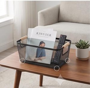 Metal Mesh <b>Storage</b> <b>Basket</b> with Natural Wooden Handles <b>Rectangular</b> Wire Organizer Bin for Kitchen Pantry Bathroom Cabinet Closet - Product Image 5