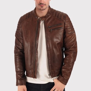 Men’s Brown Waxed Leather <b>Biker</b> <b>Jacket</b> - Product Image 3