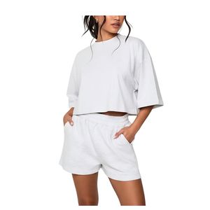 Ensemble crop top et short surdimensionné personnalisé pour femme – Tenue décontractée d'été en coton deux pièces, couleur unie, manches courtes, vêtements de détente - Product Image 6
