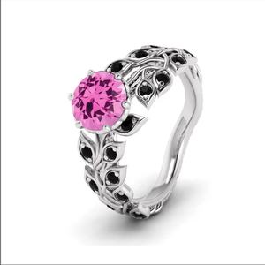 Bague en argent sterling 925 avec spinelle rose naturelle ronde, bague luxueuse avec pierre précieuse spinelle noire, bague à feuille, bijoux en gros, fournisseur régulier - Product Image 1