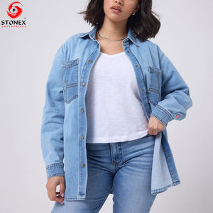 Factory Direct Women's Denim <b>Shirt</b> With Pocket Button Down Long Sleeve Oversized <b>Western</b> Style Jean Blouse Bulk Supply - Product Image 2