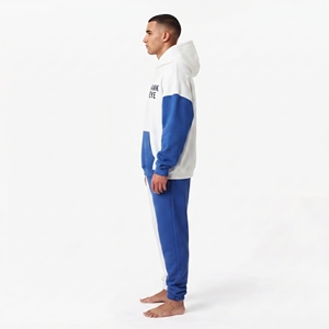 Ensemble sweat à capuche et jogging color block de haute qualité, bleu et blanc contrastés, coupe ample, manches longues, survêtement décontracté avec logo imprimé sur le devant - Product Image 4
