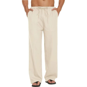 Pantalon décontracté pour homme en coton beige avec cordon de serrage, taille élastique, léger, pour l'été, avec poches latérales, tissé uni - Product Image 1