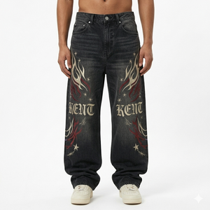 กางเกงยีนส์เดนิมทรงหลวมสไตล์วินเทจสำหรับผู้ชาย น้ำหนัก 13 ออนซ์ ผ้ายีนส์ฟอกสีแบบ Stone Washed  ปักลาย สตรีทแวร์ ทรงหลวม ใส่สบาย สำหรับฤดูใบไม้ผลิ รับผลิตแบบ OEM ODM - Product Image 2