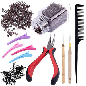 Kit d'outils pour extensions de cheveux, 500 perles brunes pour extensions de cheveux avec outil, micro-perles doublées de silicone, pince pour extensions de cheveux, aiguille à crochet - Product Image 1