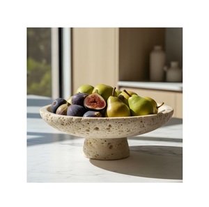 Luxury Travertine Style Decorative Bowl With Pedestal Base Modern Stone Fruit Bowl Centerpiece <b>Tabletop</b> Bowl Living Room Dining - Product Image 1