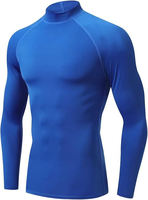 Camiseta de Compresión Negra para Hombre, Cuello Redondo, Manga Larga, Costuras en Contraste Azules, Protección Solar UPF50+, Diseño Personalizable