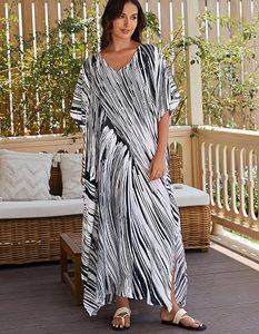 V Neck Maxi Abaya <b>Dress</b> Short Sleeve <b>Loose</b> Fit Asymmetrical Hem Random Print Women's Summer Beach Wear Polyester Modest Style - Product Image 2
