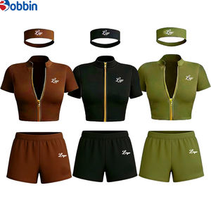 Ensemble de survêtement 3 pièces respirant et à séchage rapide en Spandex/Polyester pour femme, style Hip Hop, comprenant une veste courte zippée sans manches, un short moulant et une bandeau pour la gym - Product Image 3