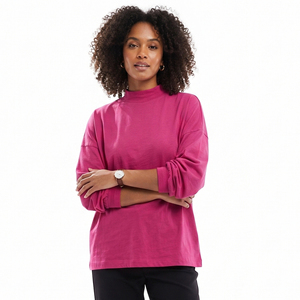 T-shirts décontractés à col haut pour femmes, style oversize, 100% coton, jersey tricoté, coupe ample, style sportif, tee-shirt de jogging pour femmes - Product Image 1
